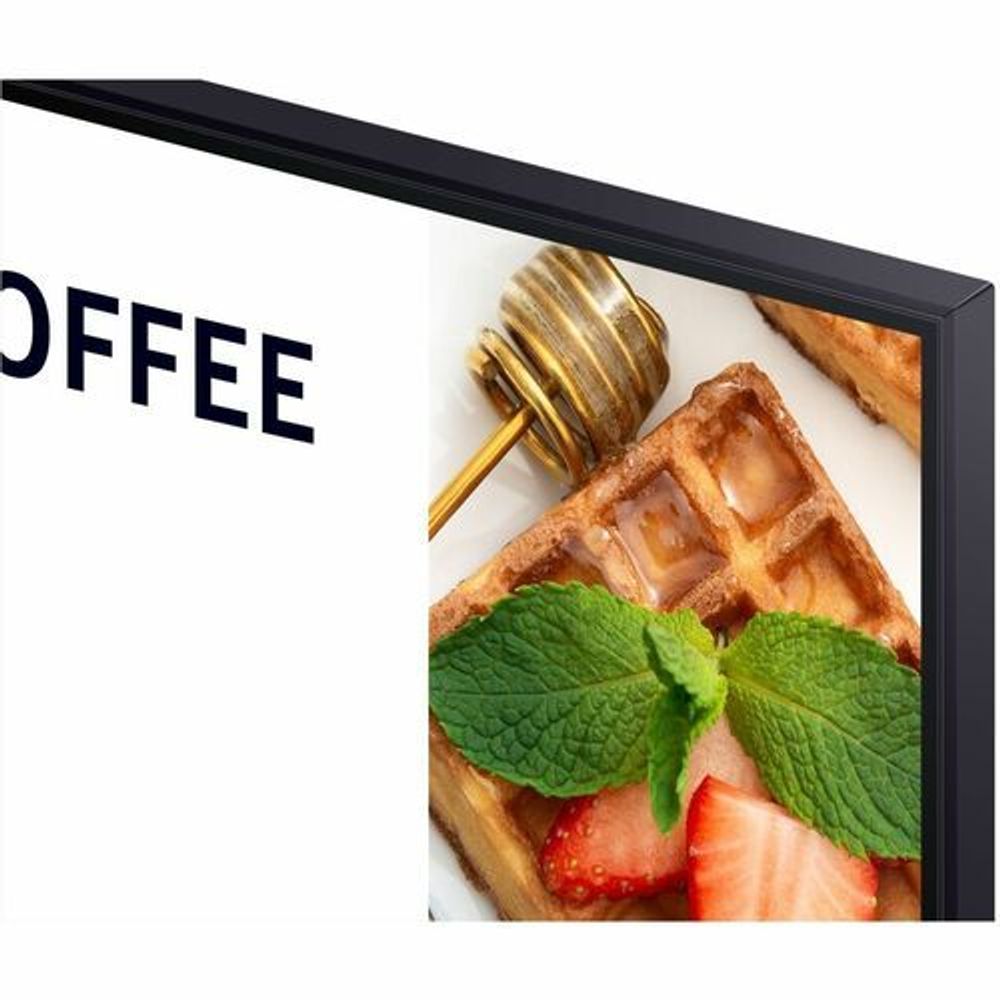 75-inch LCD digital signage display with dark bezel and coffee close-up screen