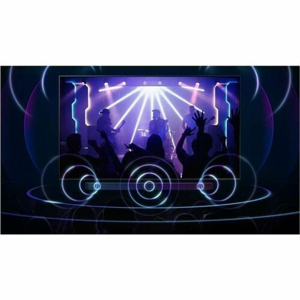 Digital signage LCD display with black screen border and two feet; concert crowd graphic