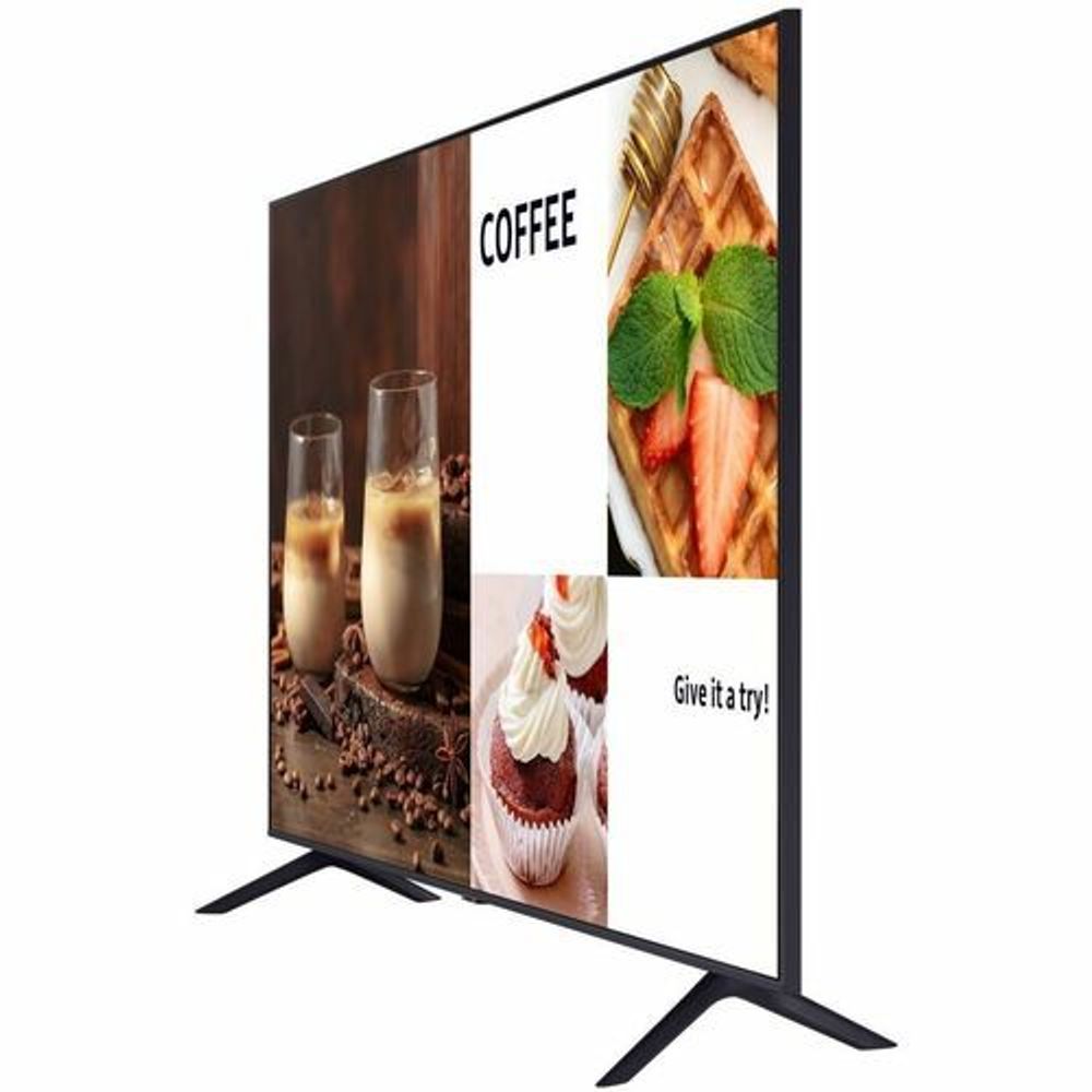 75-inch LCD digital signage display angled front view with coffee and cupcake graphics