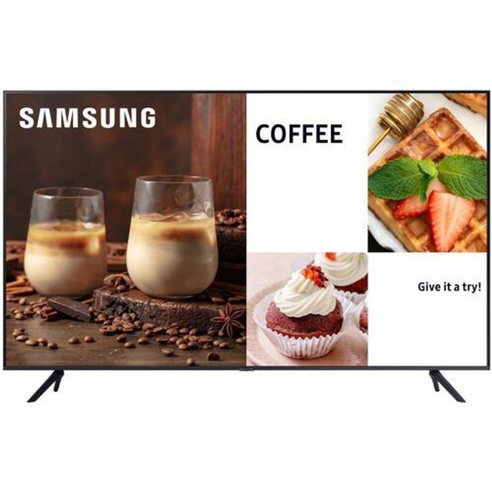 Samsung 75-inch LCD digital signage display with coffee promotional screen graphics