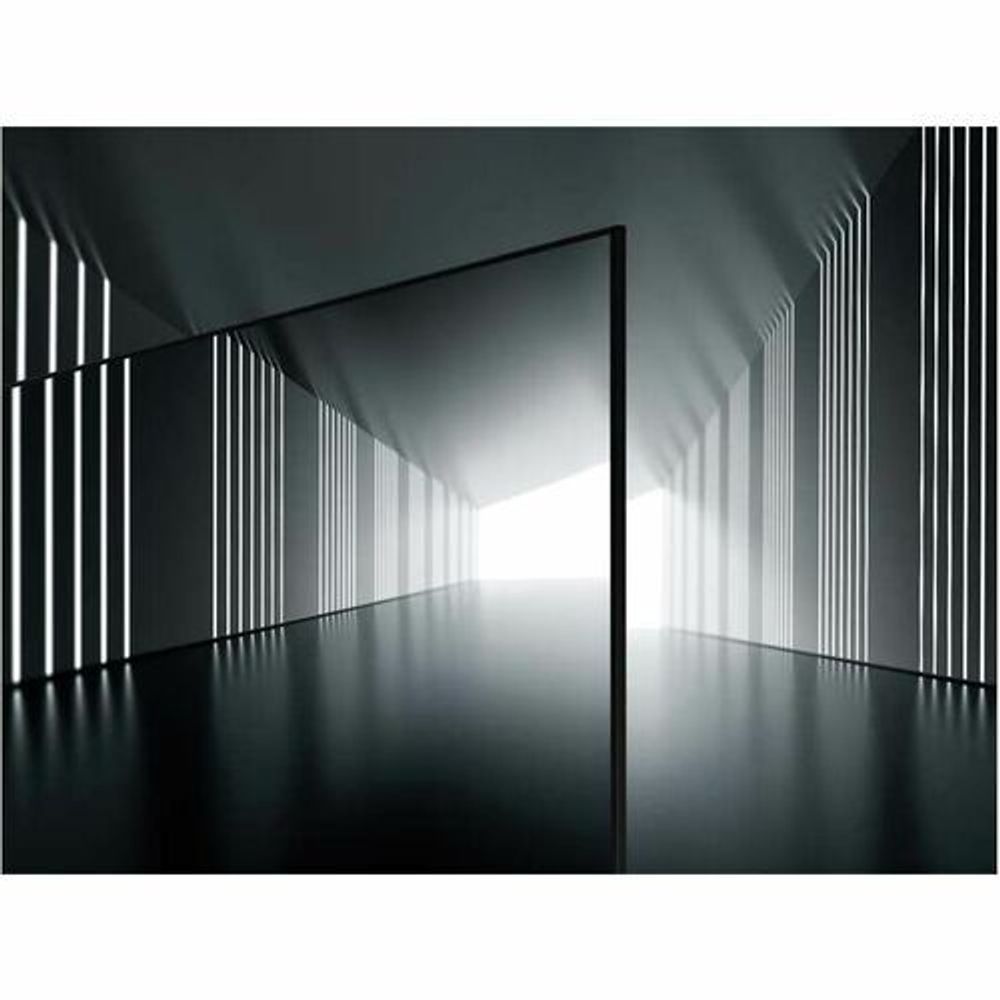 Digital signage LCD display in landscape view, black bezel and stand; sleek corridor light graphic