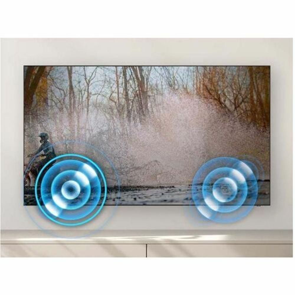 Digital signage LCD display with black bezel and stand; blue radar-style circles on screen