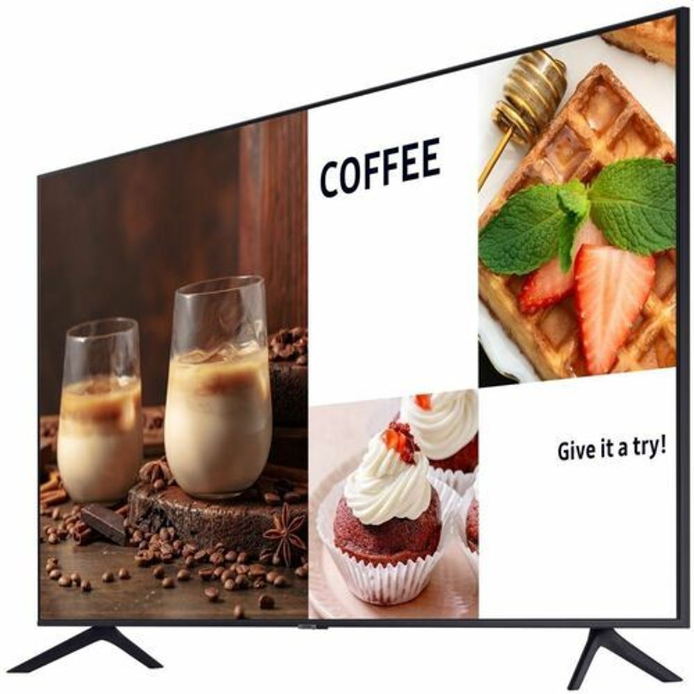 75-inch LCD digital signage display with coffee-themed promotional screen graphics