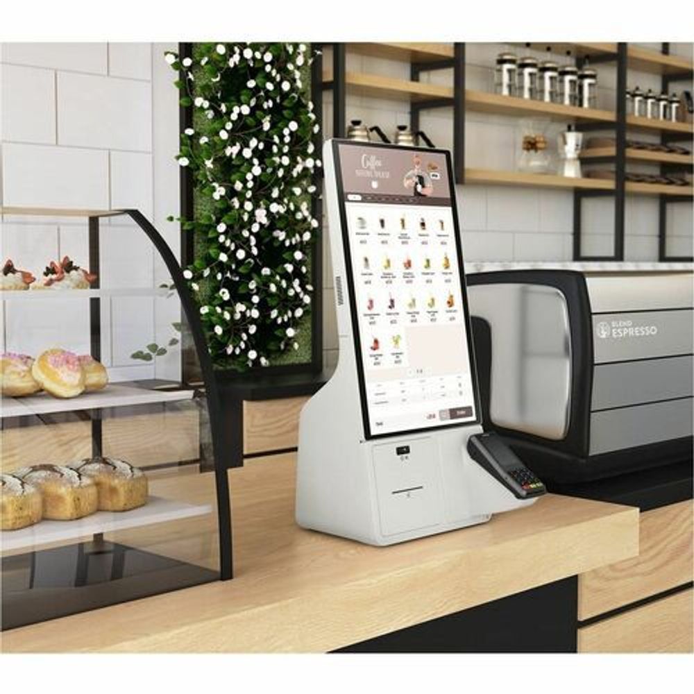 Samsung Kiosk 24-inch touchscreen kiosk terminal on countertop stand with base