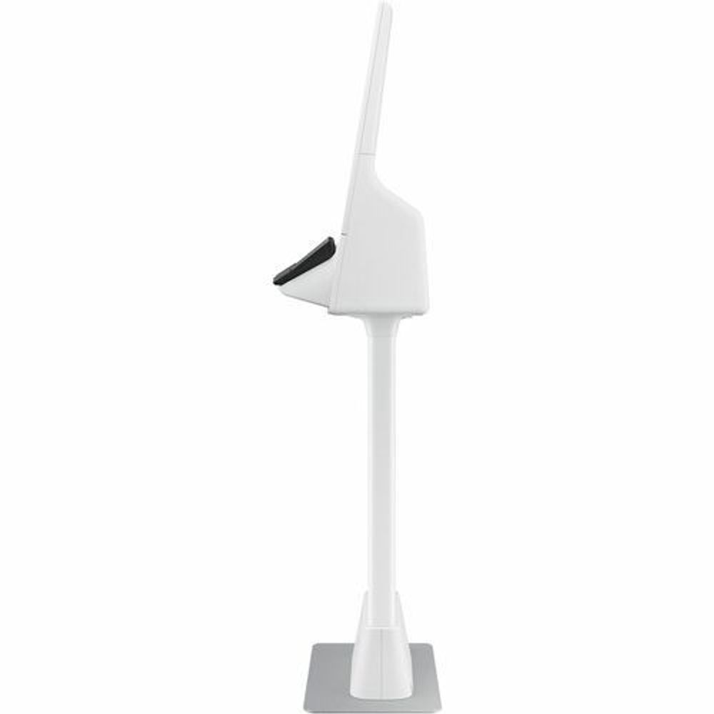 White kiosk stand with angled side profile, showing rear arm and base
