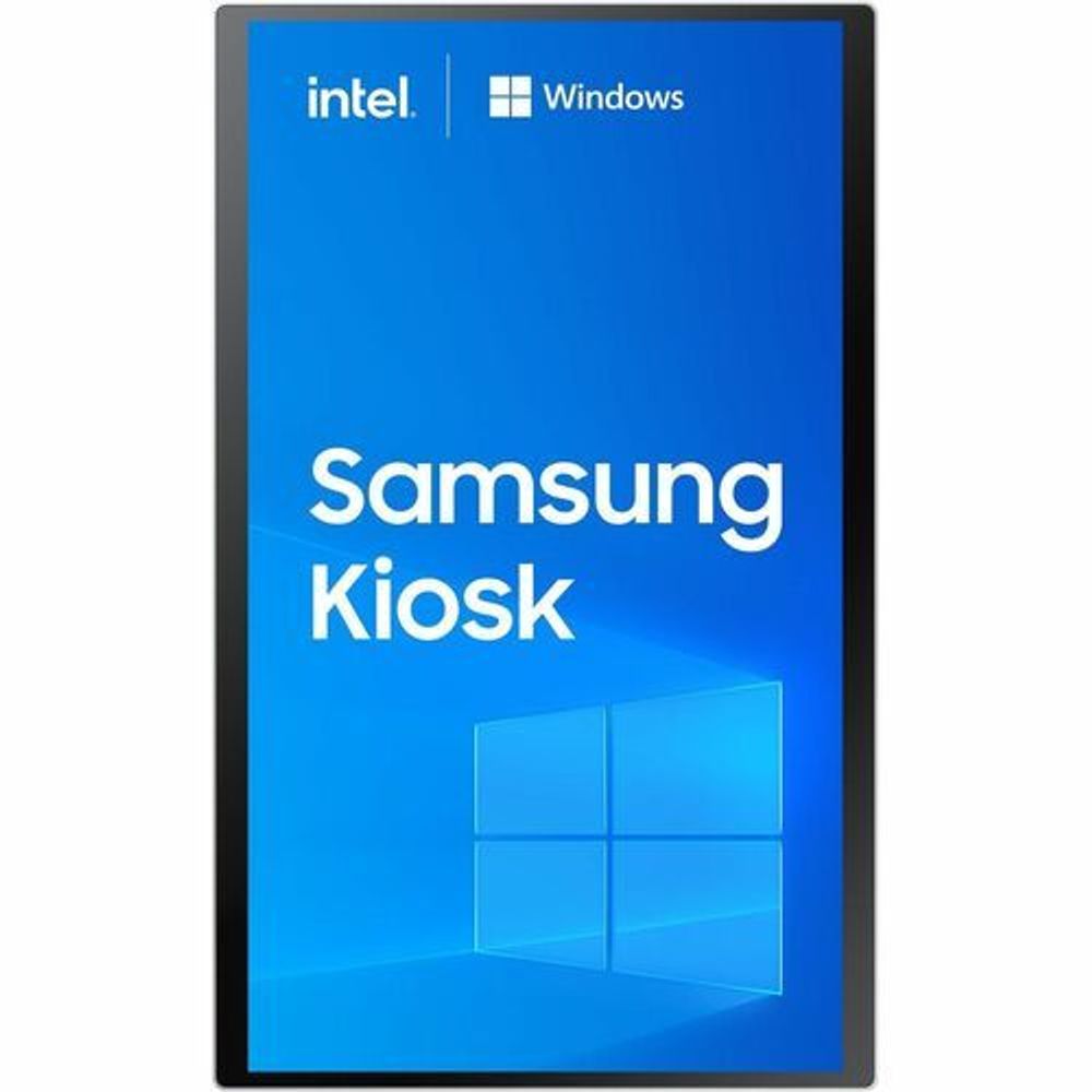 Samsung Kiosk 24-inch interactive touchscreen kiosk, front view on standing base