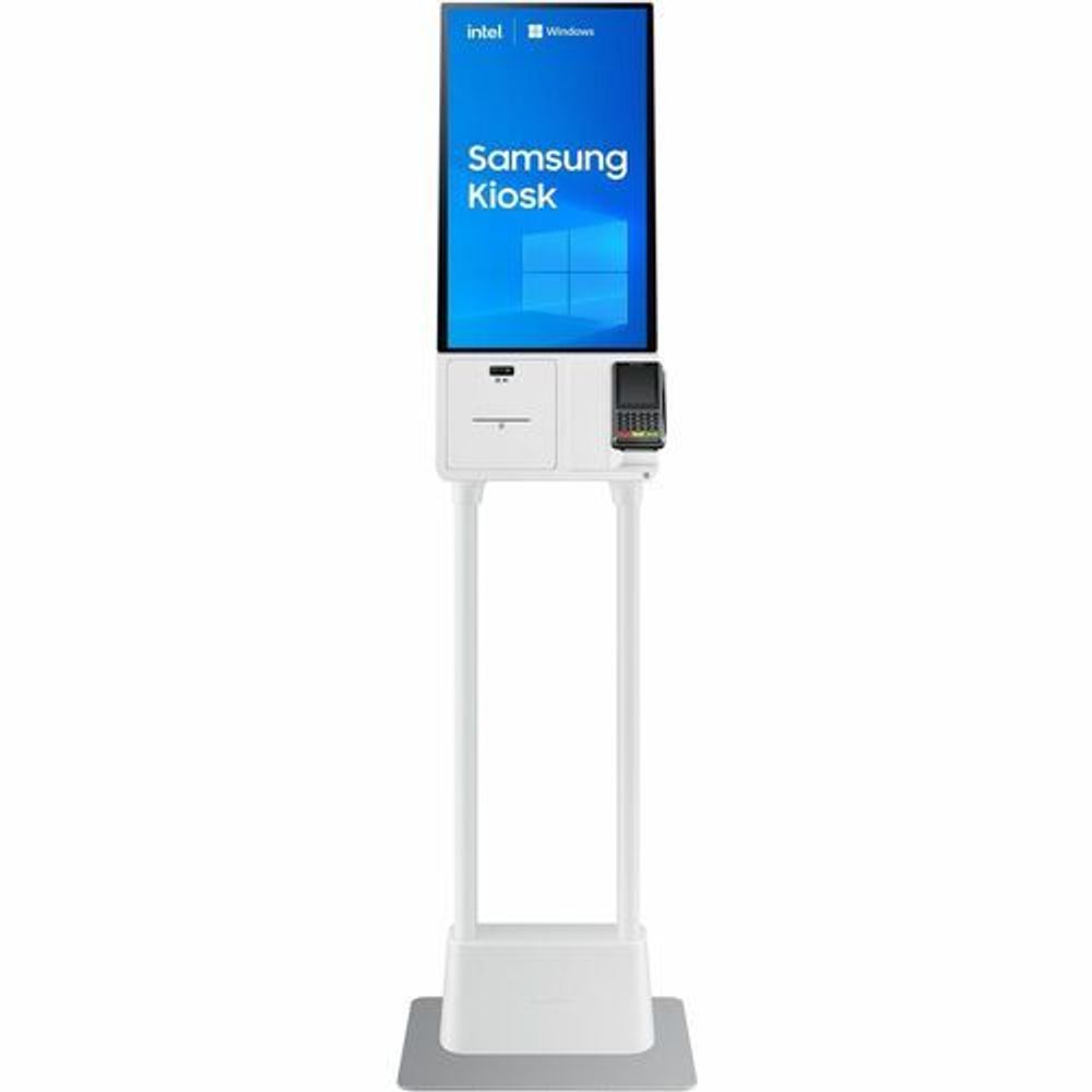 White Samsung kiosk touchscreen with integrated card reader and front controls