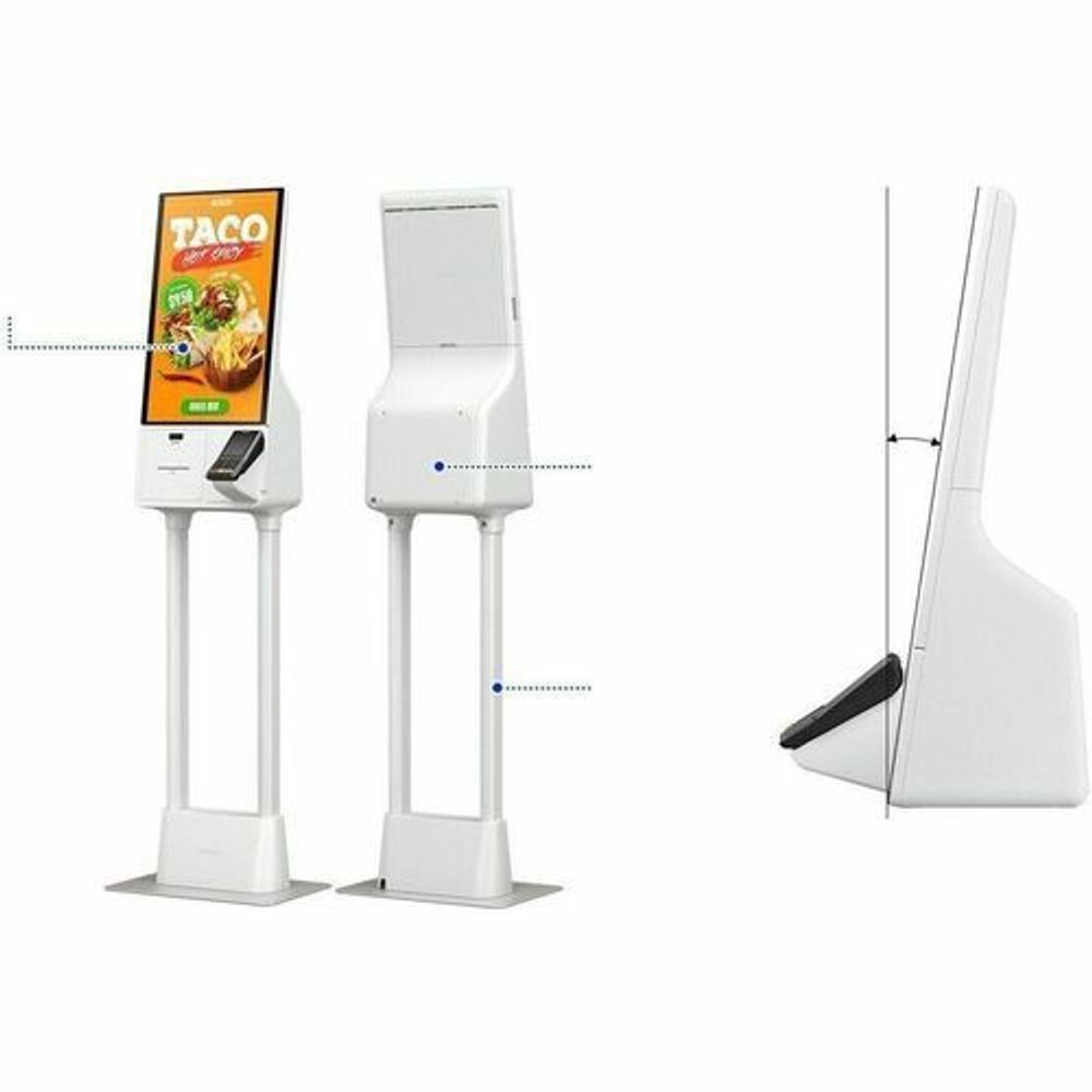 Samsung Kiosk 24-inch touchscreen terminal showing front and side stand profiles
