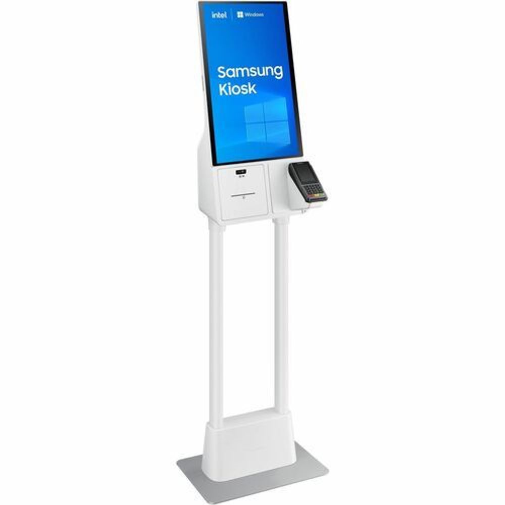 White Samsung kiosk touchscreen display with built-in keypad and card reader