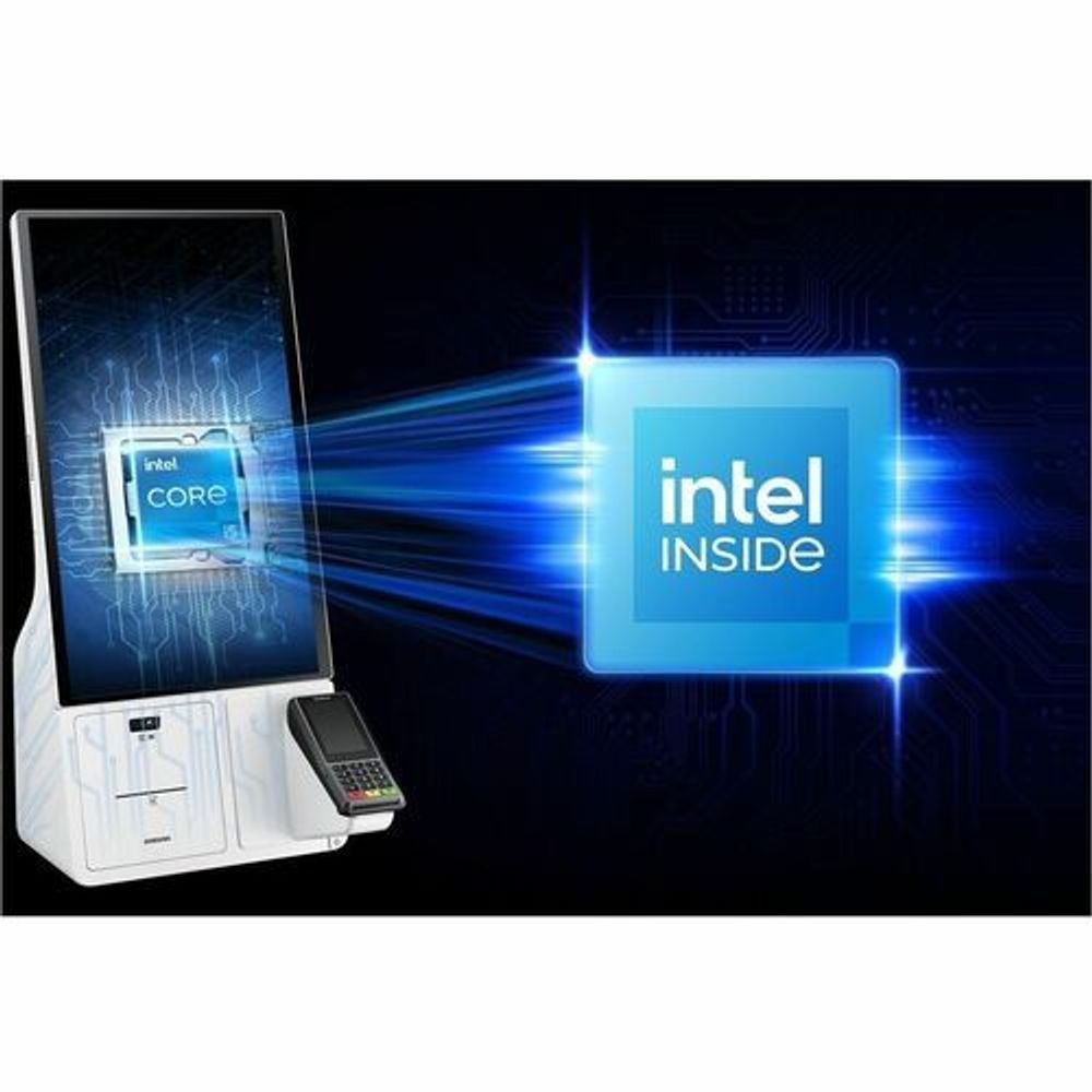 White Samsung kiosk touchscreen display with Intel-style graphics and keypad base