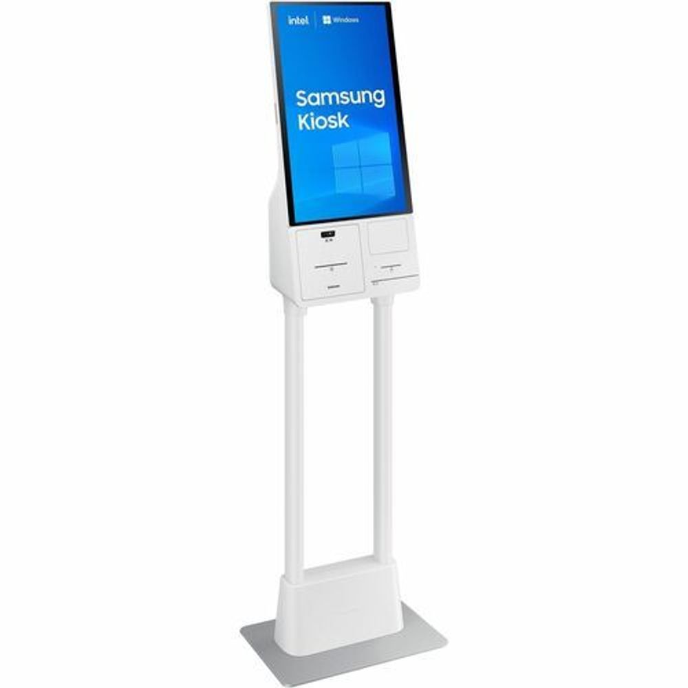 White Samsung kiosk stand with touchscreen and three-button control panel