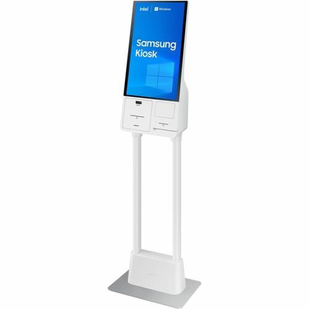 White Samsung kiosk stand with touchscreen, control buttons, and card reader