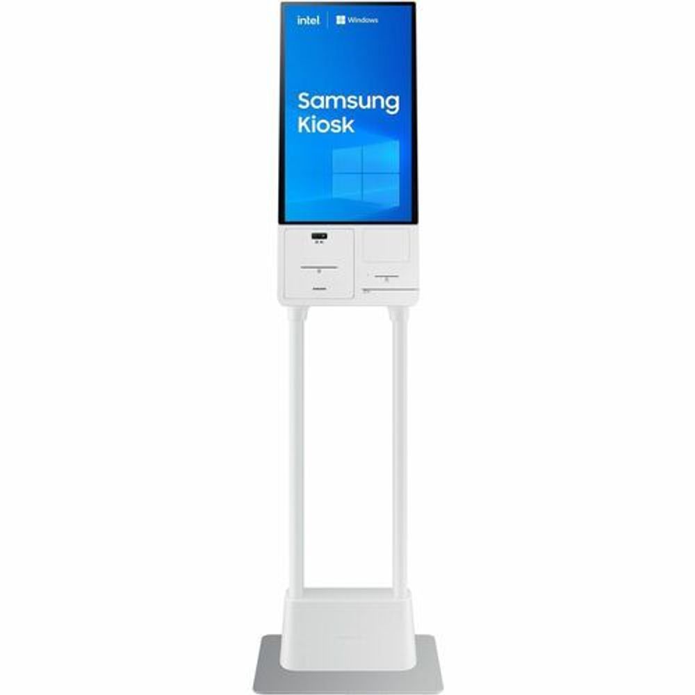 White Samsung kiosk touchscreen stand with control panel and card reader port