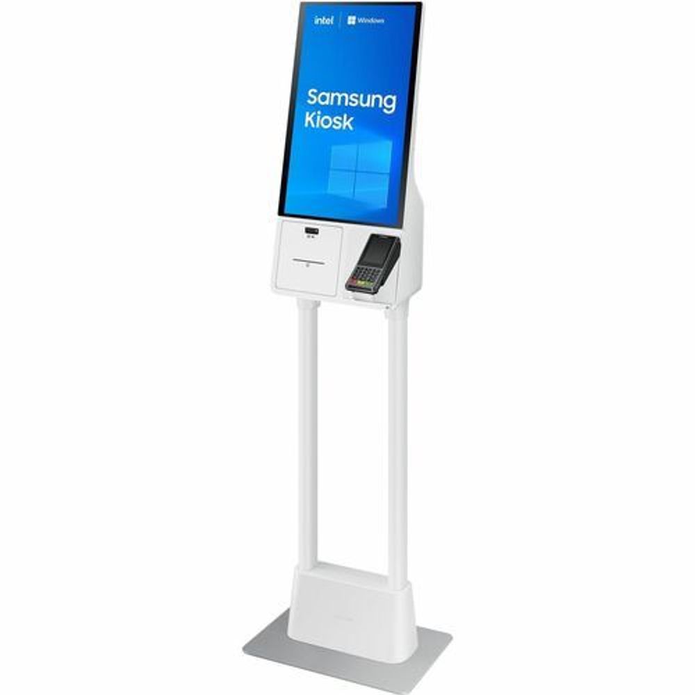 White standing Samsung kiosk with touchscreen and integrated card reader keypad