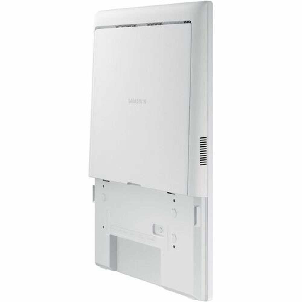 White Samsung kiosk display, rear view with vented speaker grille