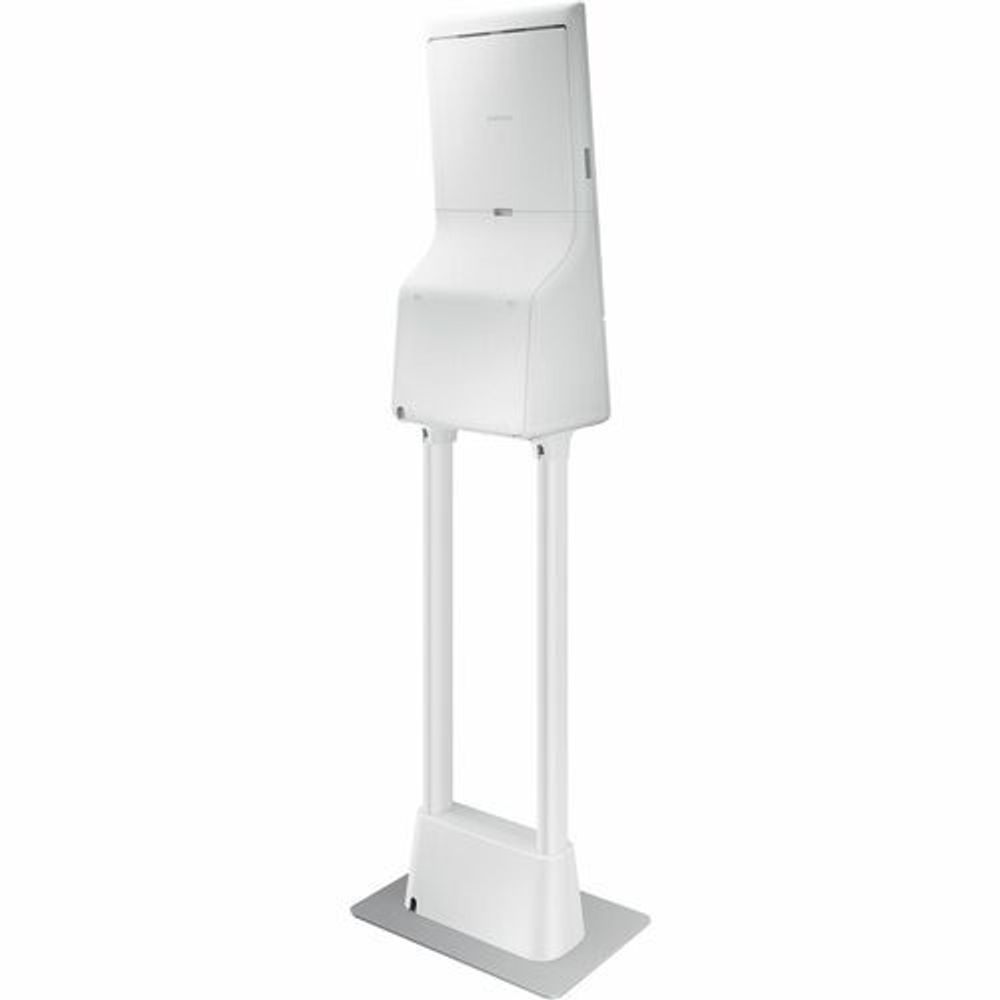 White kiosk stand with rear housing panel and tall column base