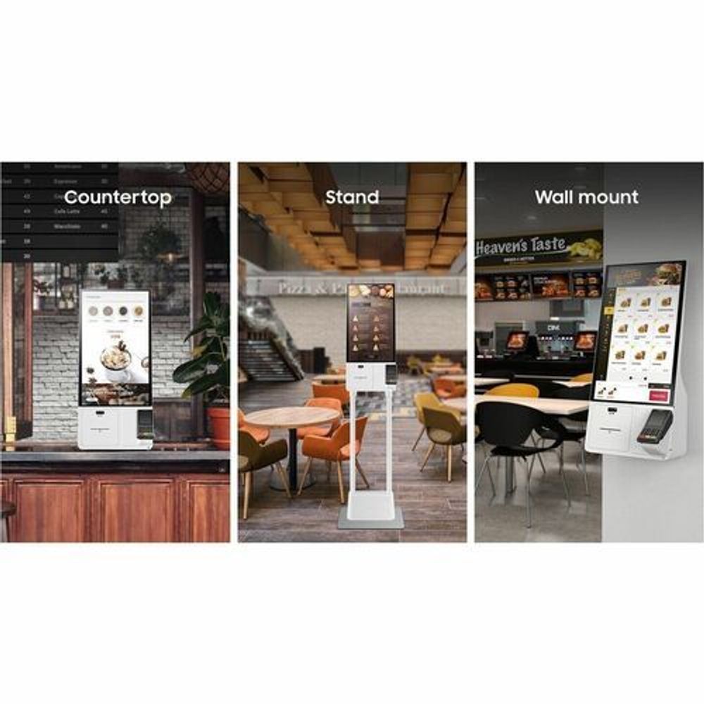 Samsung Kiosk 24-inch interactive display in countertop, stand, and wall mount setups