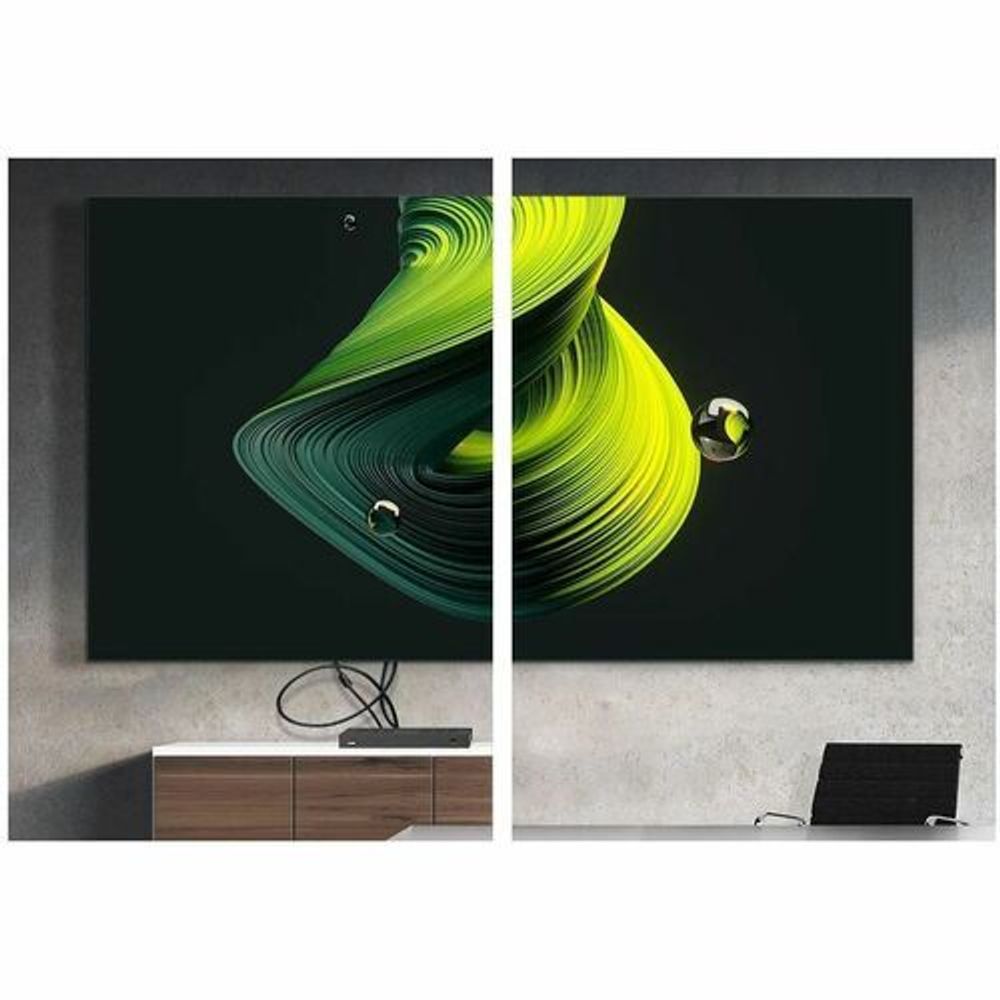 Two indoor LED display panels with green abstract swirl graphics