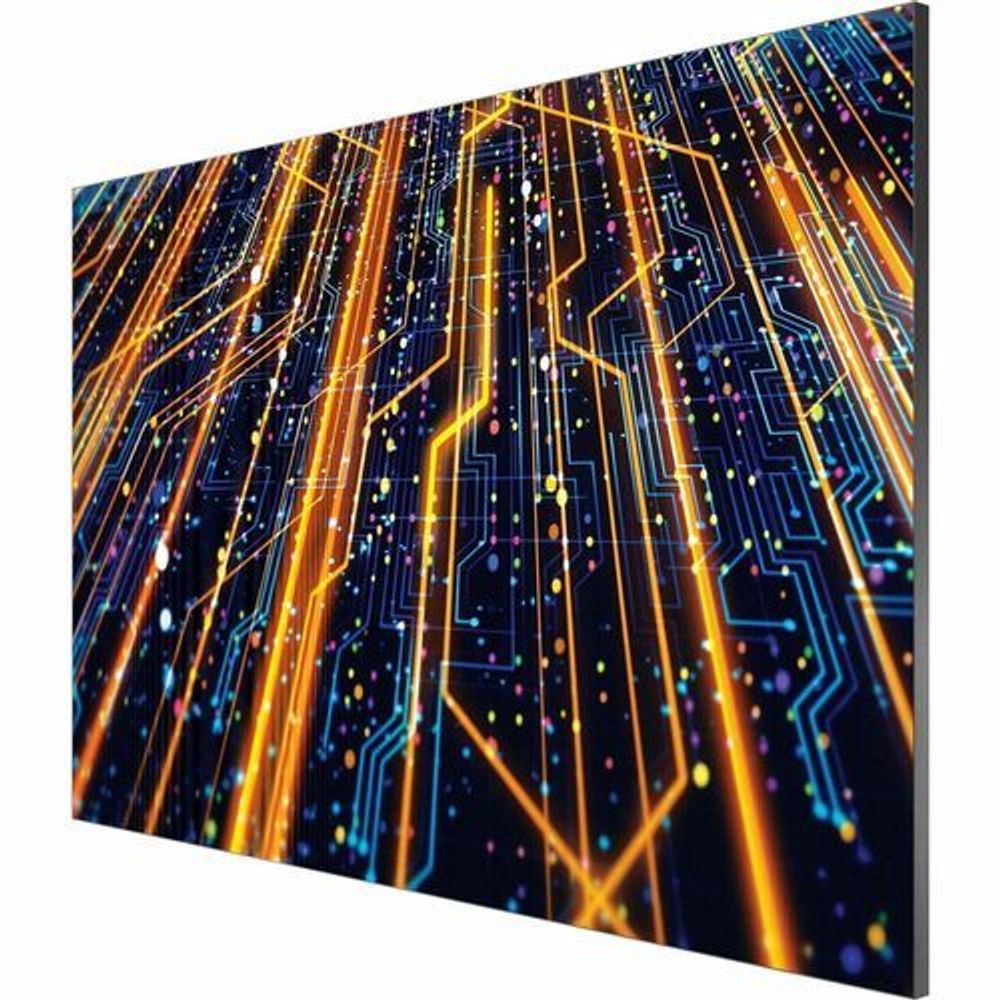 Indoor LED display panel showing blue and orange glowing circuit lines
