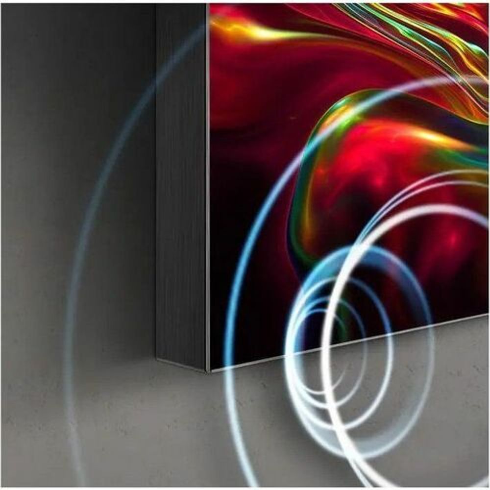 Indoor LED display panel edge with red and blue abstract visuals