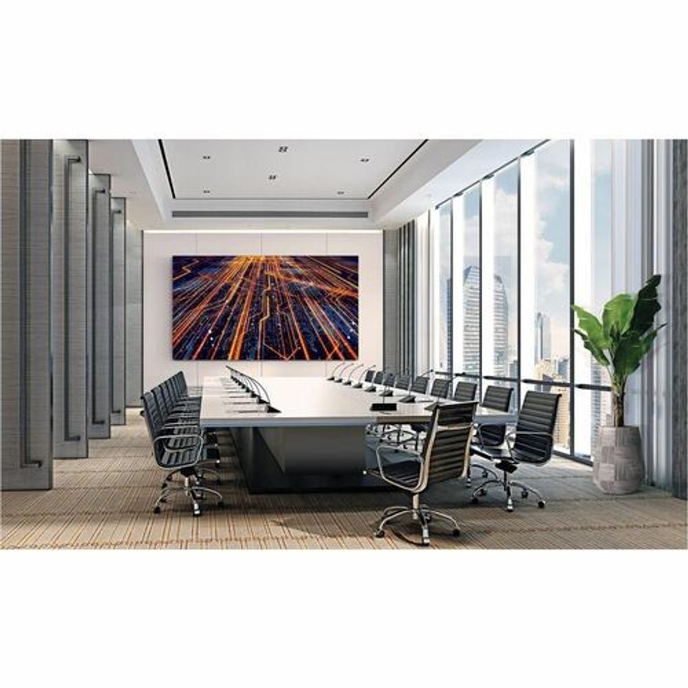 Indoor LED display panel mounted in a meeting room with colorful content