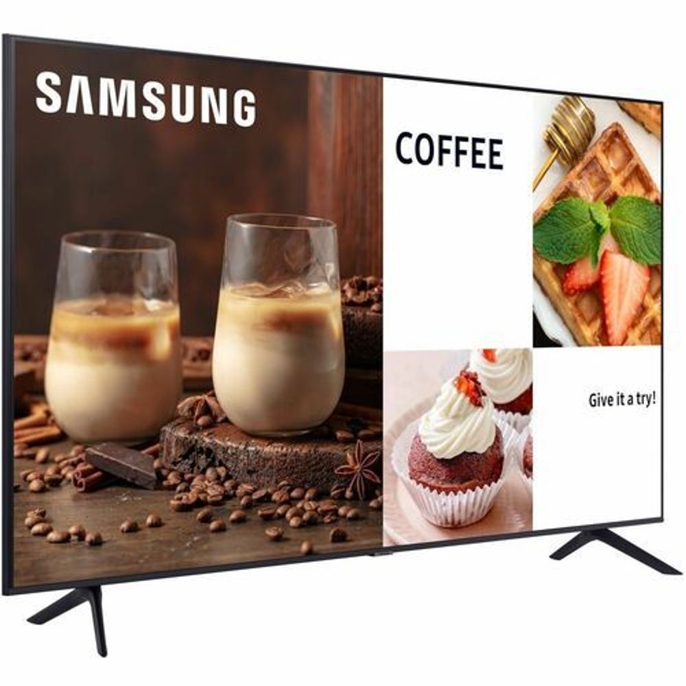 43-inch Samsung digital signage display with black stand showing coffee and dessert content.