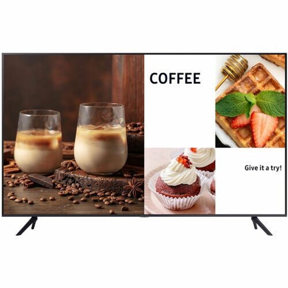 43-inch digital signage LCD display with black bezel and stand, showing “COFFEE” and desserts.