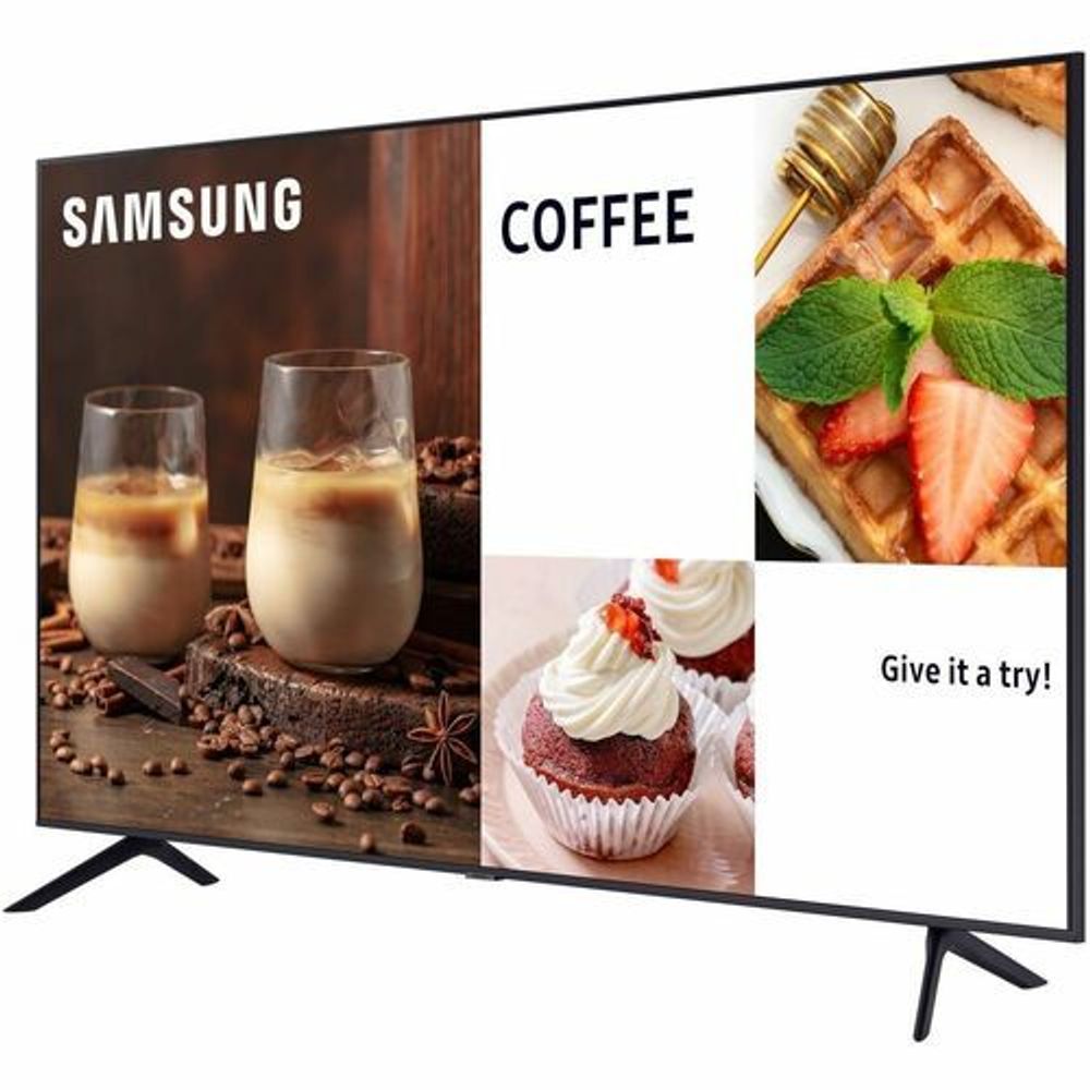 Samsung 43-inch digital signage display with black stand showing coffee, waffle, and cupcake panels.