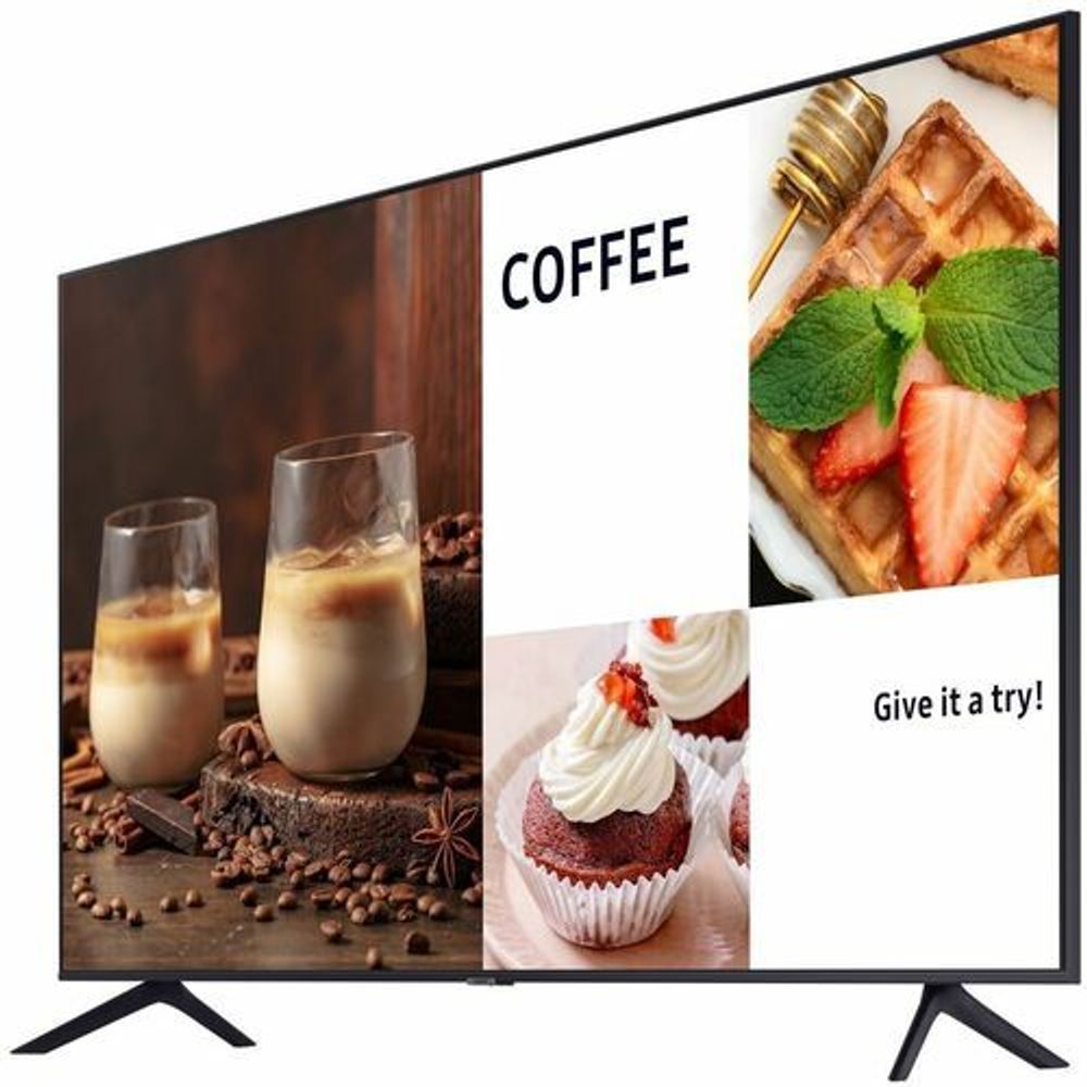 43-inch digital signage LCD display with black bezel and stand, showing a “COFFEE” ad.