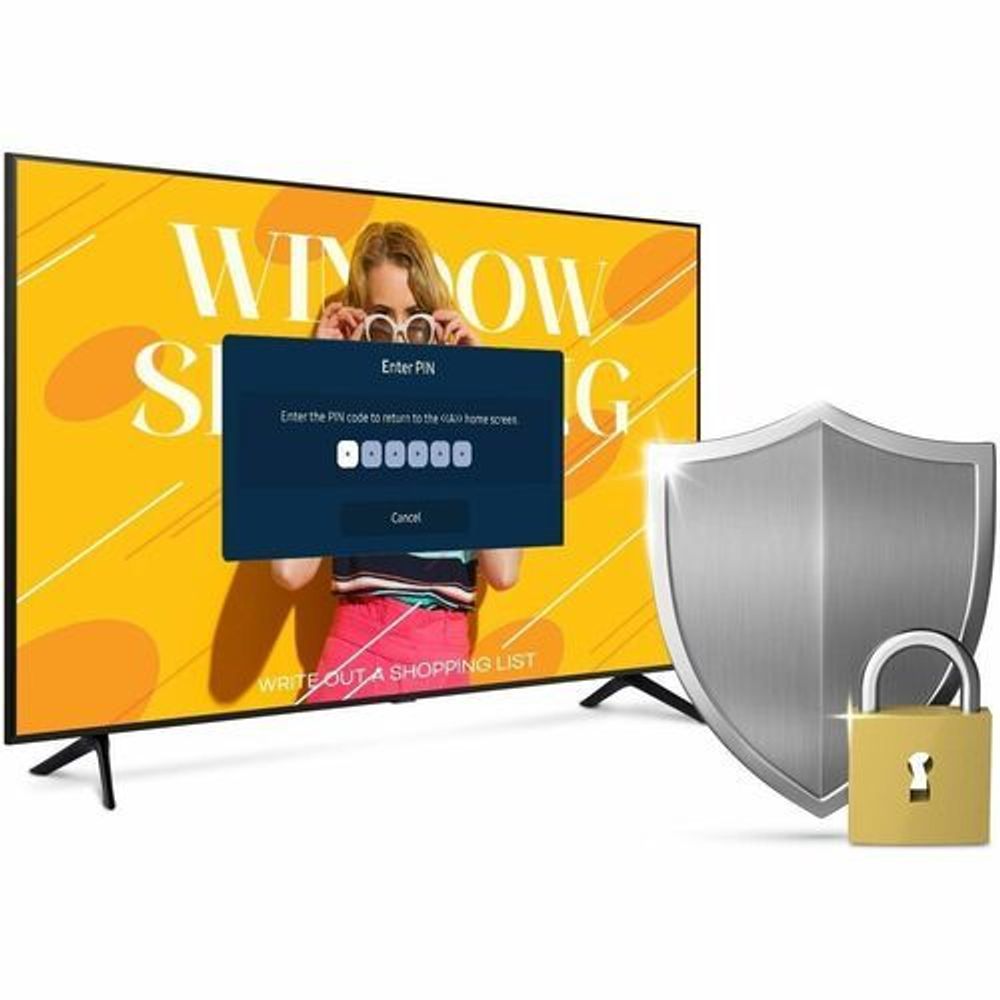 Digital signage display with black stand showing shopping-pin screen plus a lock icon.