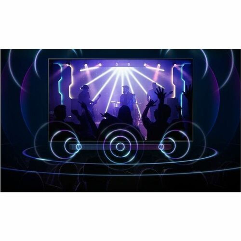 Digital signage display with black bezel showing stage concert visuals.
