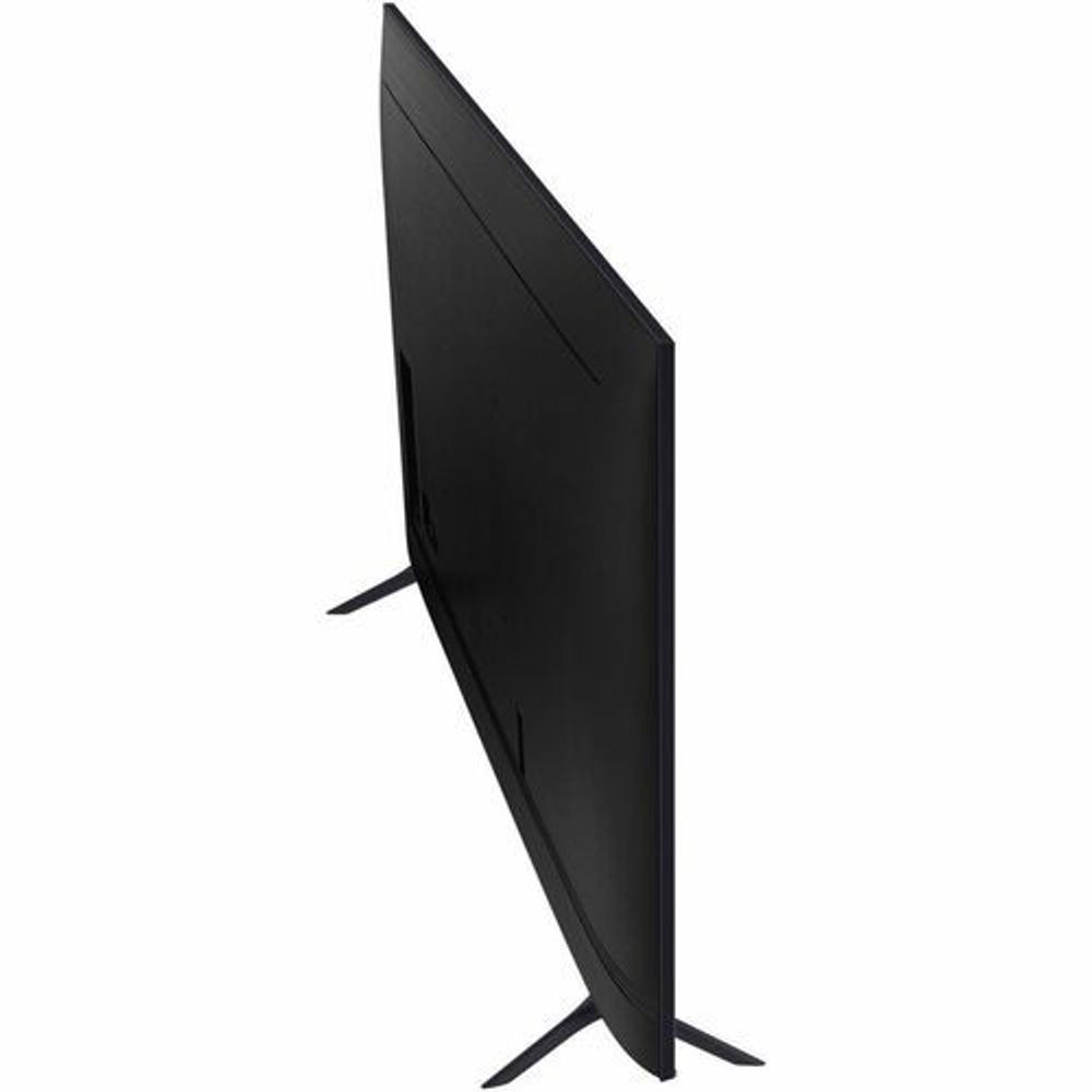 Black digital signage display shown from the side on a stand.