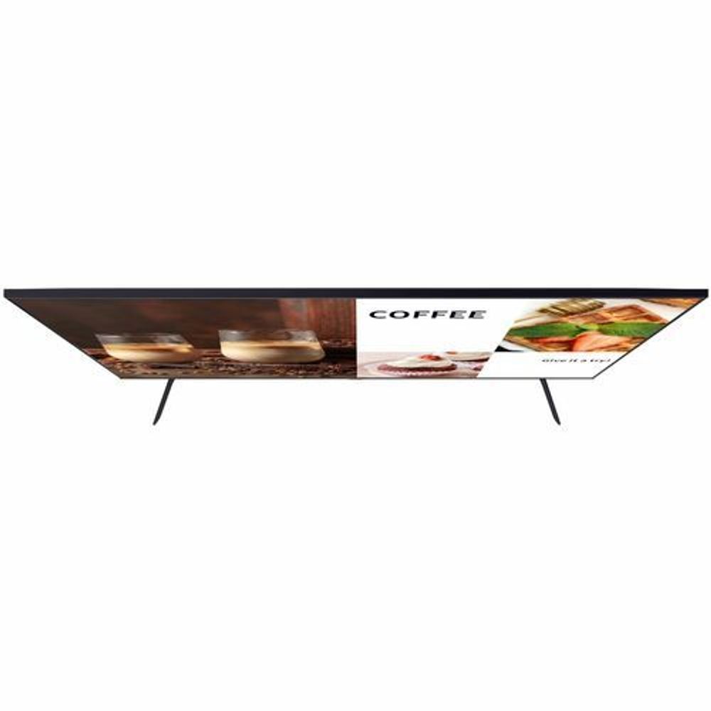 Digital signage LCD display showing bottom edge with two stand legs and thin black bezel.