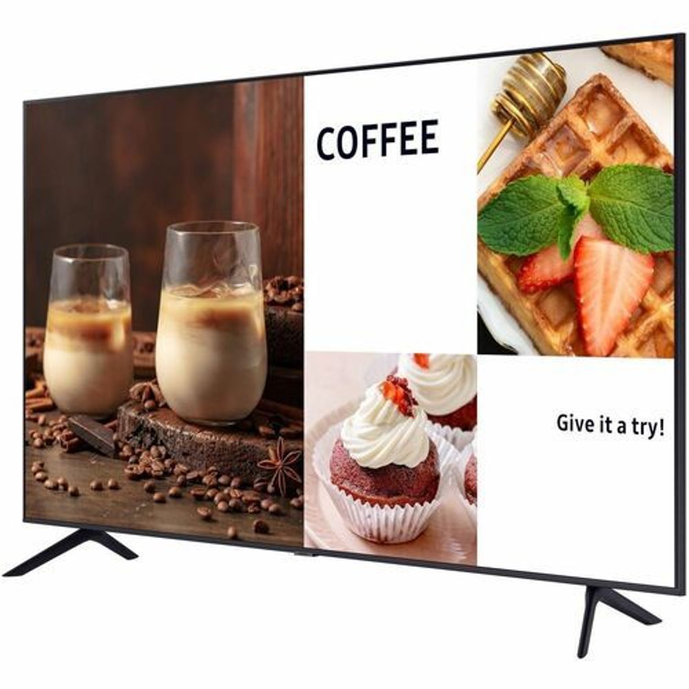 43-inch digital signage LCD display with black bezel and stand, showing “Give it a try!”