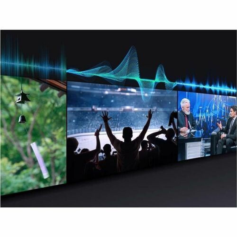 Digital signage display showing side-by-side outdoor and concert visuals.