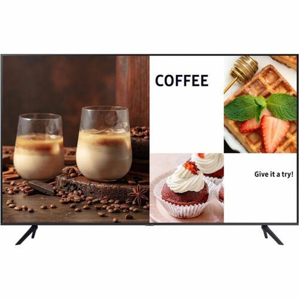 Samsung digital signage display showing coffee cups, cupcakes, and waffles on screen.