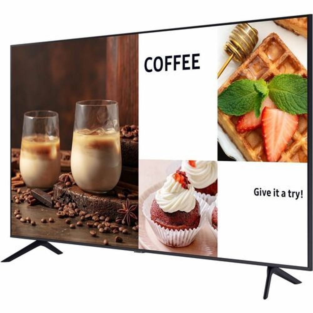 Samsung digital signage display showing coffee-themed split-screen ads with dark stand.