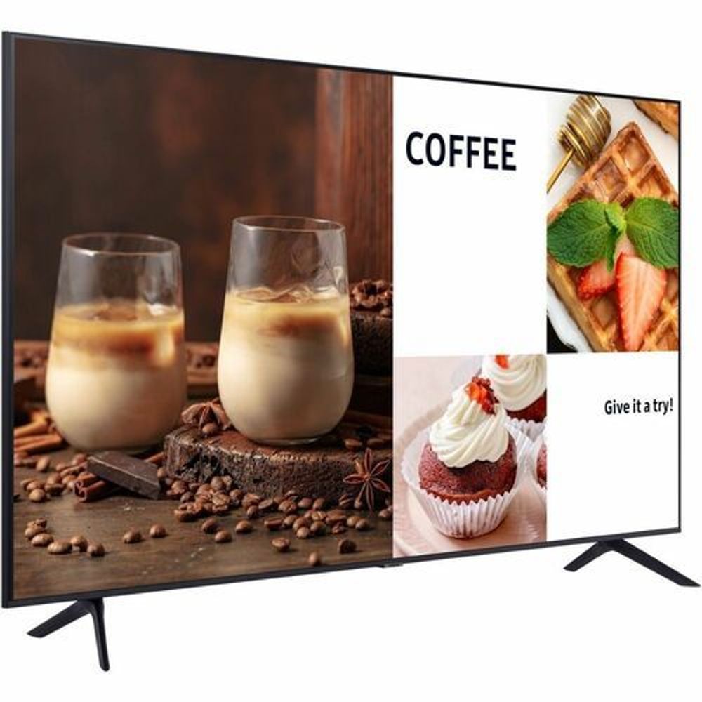 Samsung digital signage display showing coffee cups, cupcakes, and waffle dessert screen.