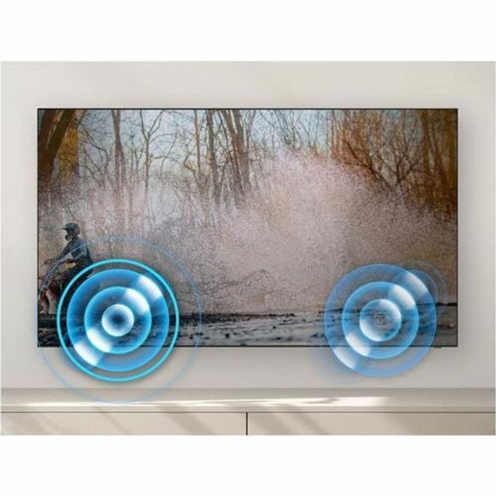 Samsung digital signage LCD display with outdoor scene and glowing speaker-style overlays