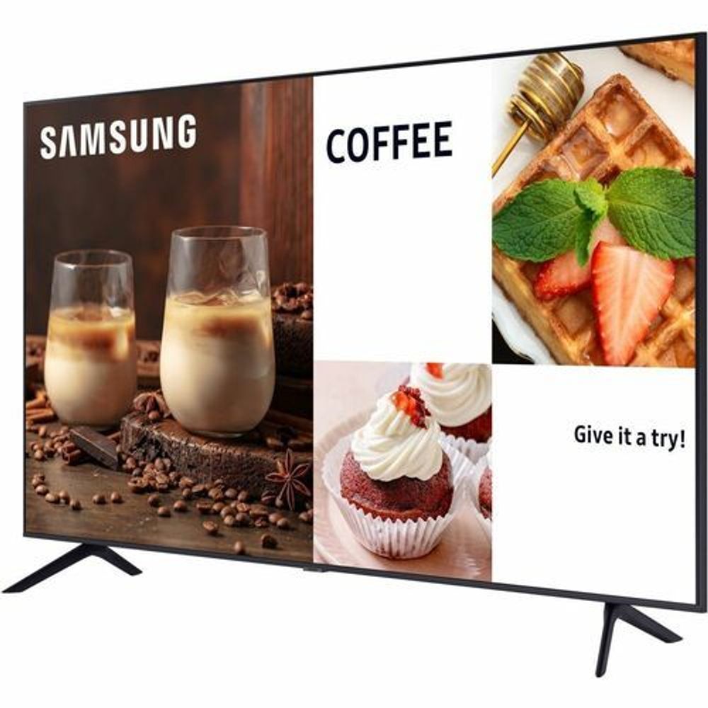 Samsung digital signage display showing coffee-themed split-screen ads and dark pedestal stand.