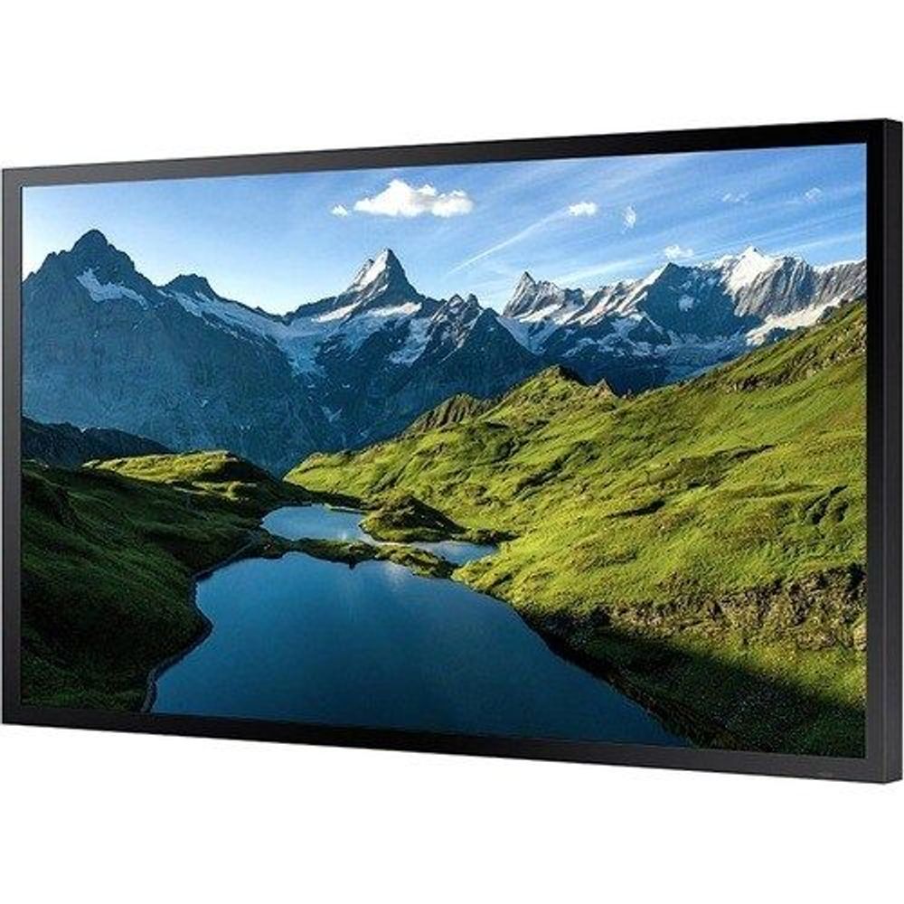 55-inch LCD digital signage display, front view angled with mountain landscape