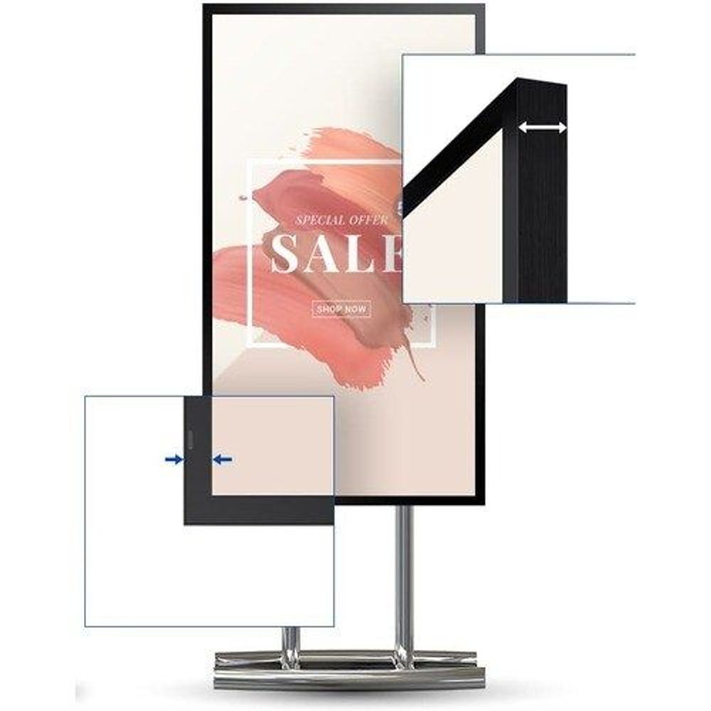 55-inch LCD digital signage display on stand showing sale promotion layout