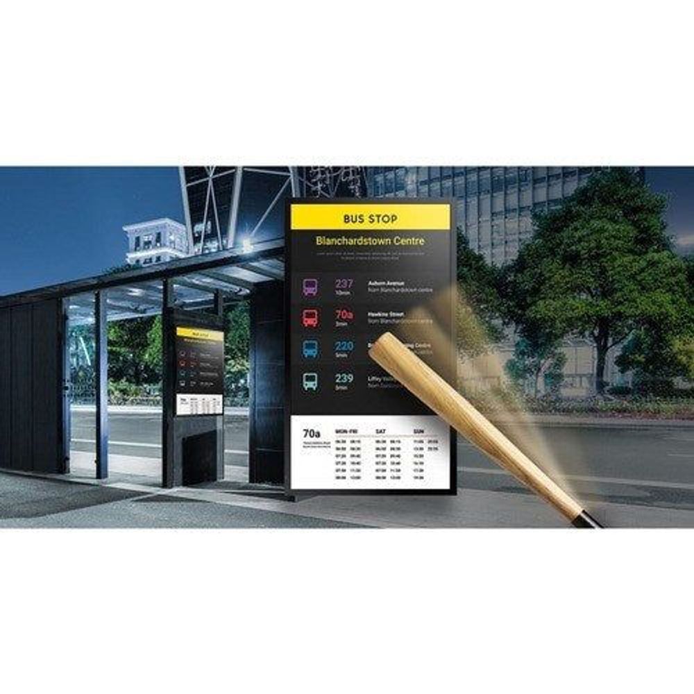 55-inch LCD digital signage display showing bus stop information graphic