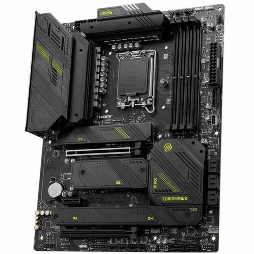 MSI MAG Z790 Tomahawk Max WiFi ATX gaming motherboard, angled view of heatsinks and slots