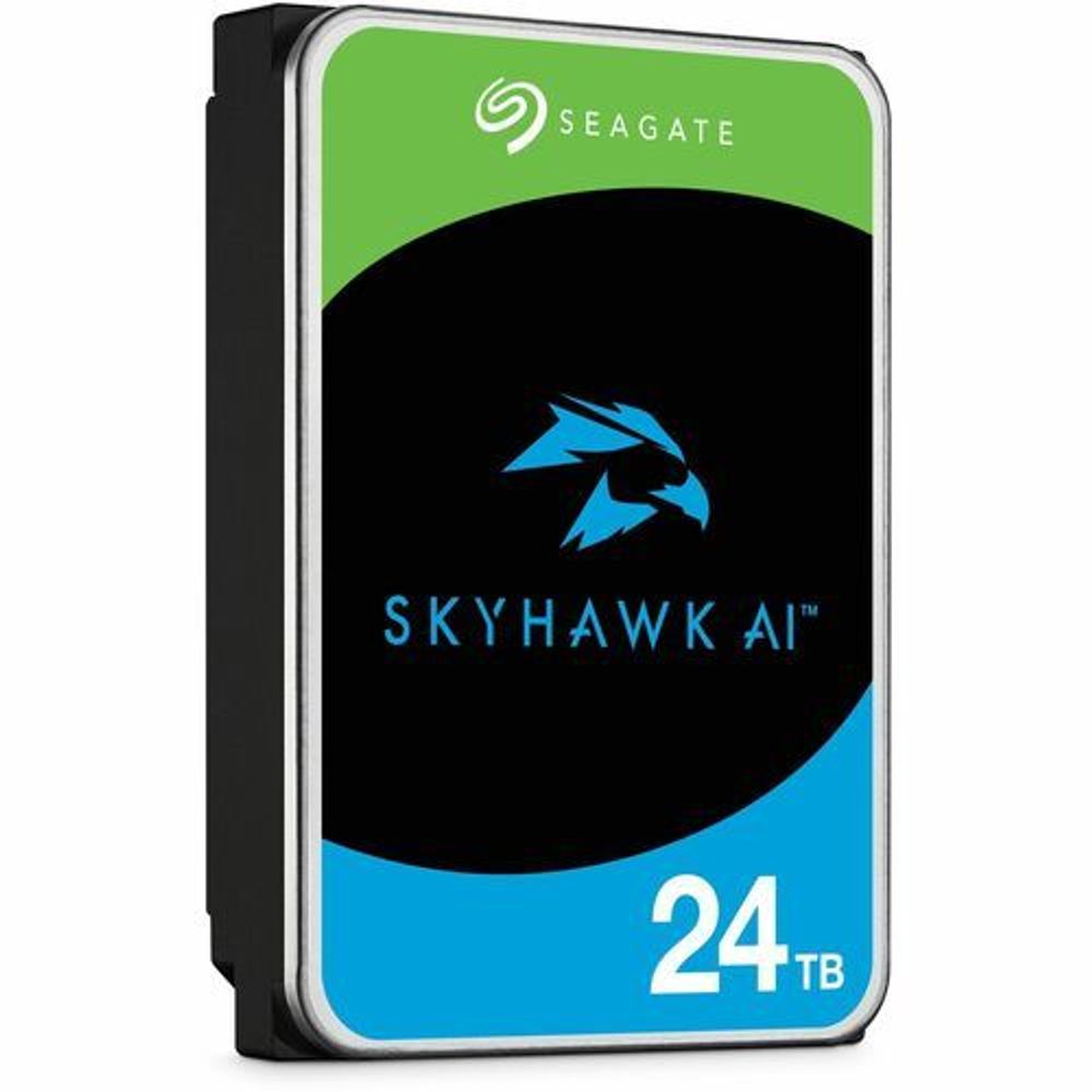 3.5-inch internal SATA hard drive, green/blue SkyHawk AI label, 24TB, side view