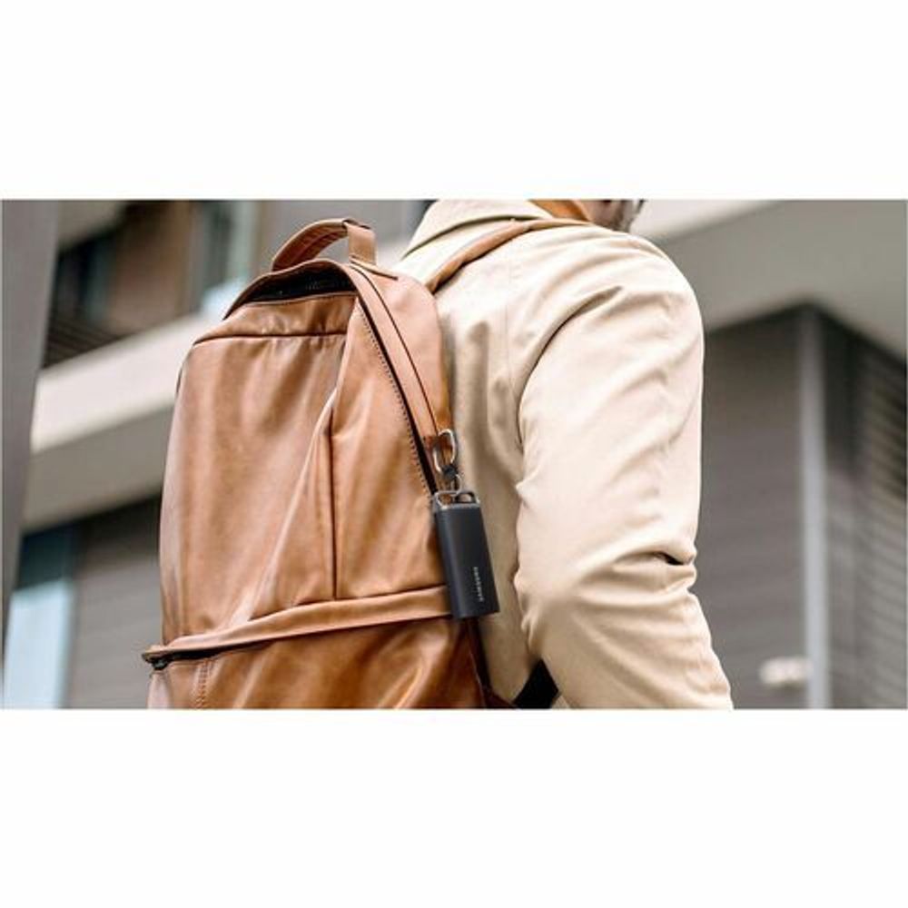 Black Samsung T5 EVO portable SSD clipped to a leather backpack