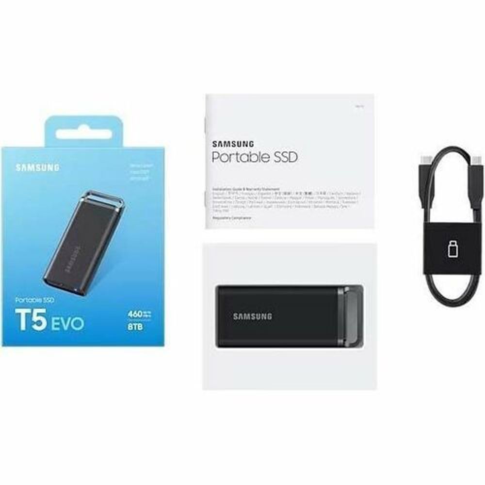 Samsung T5 EVO portable SSD product box and cable set (black)