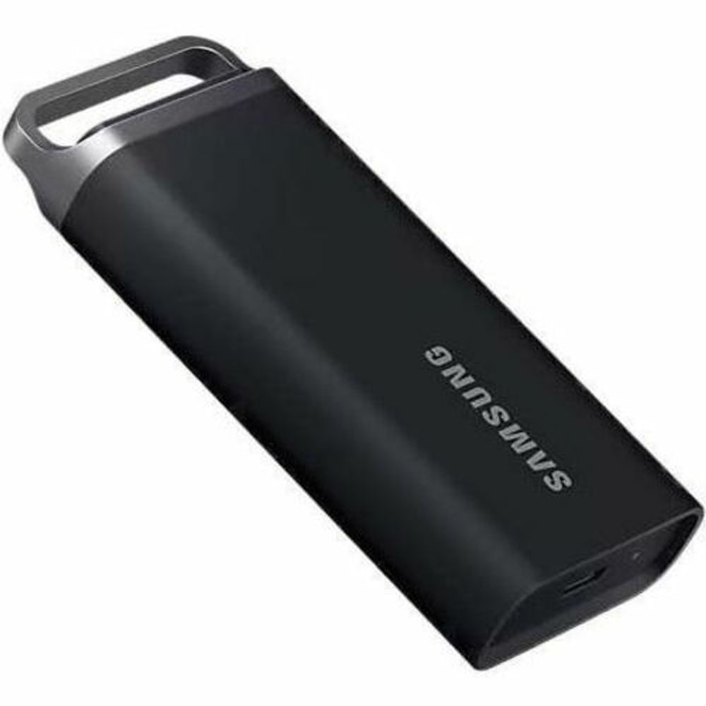 Black Samsung T5 EVO portable external SSD, angled view