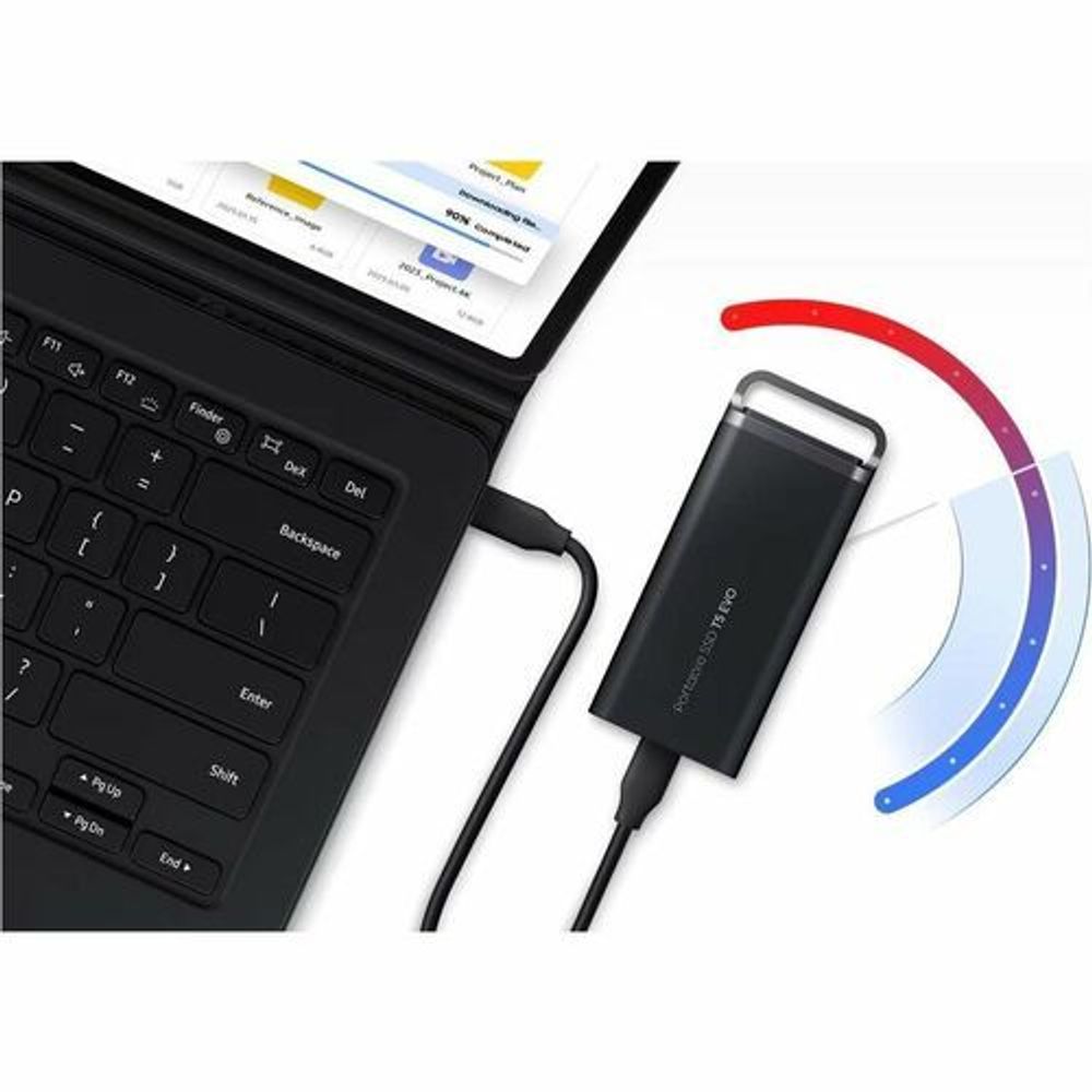Black Samsung T5 EVO portable SSD with USB cable and charging indicator