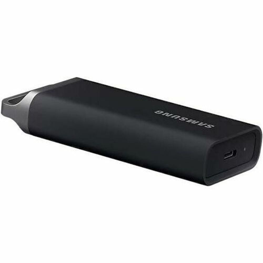 Black Samsung T5 EVO portable SSD close-up of side with USB port